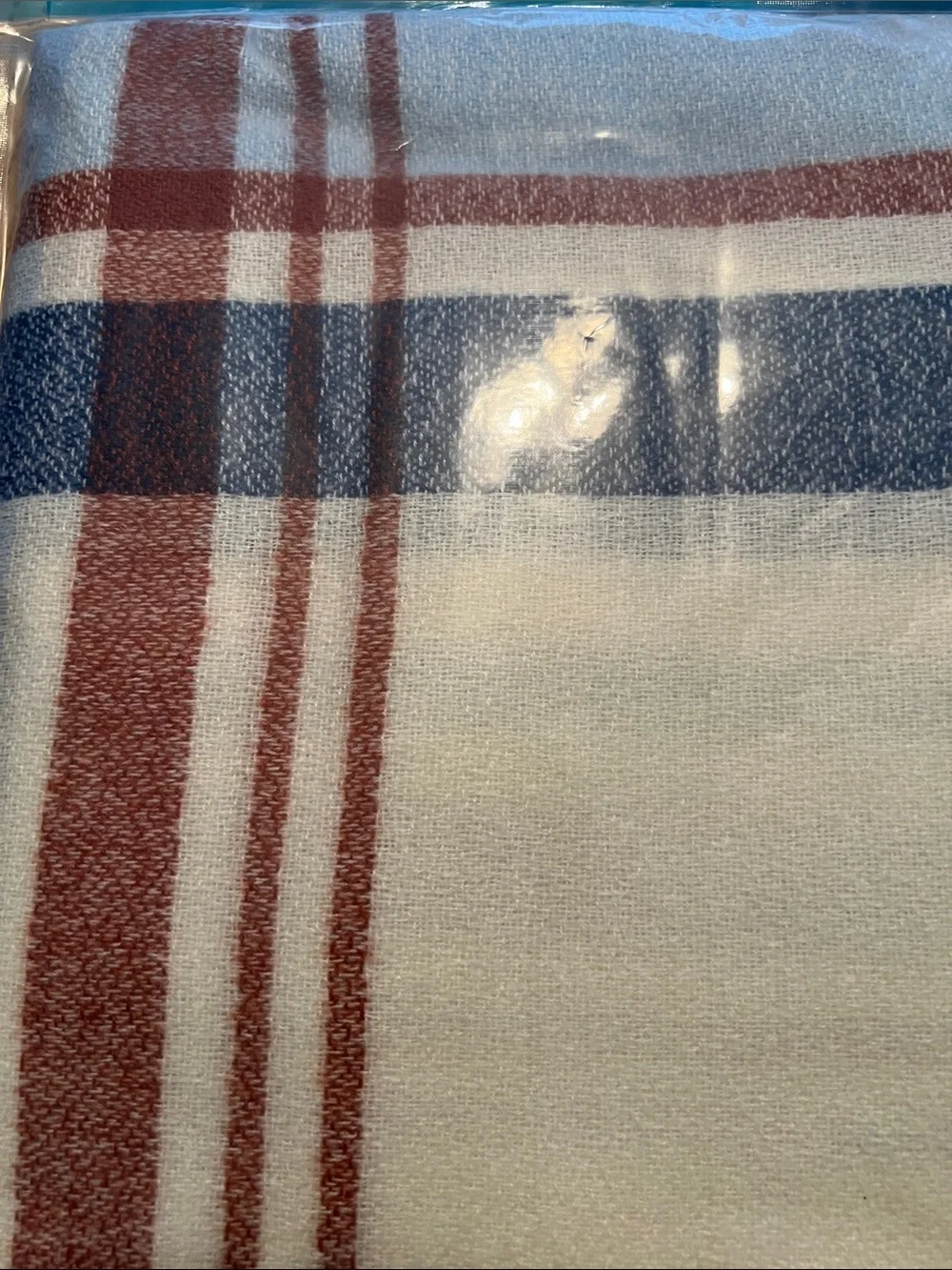 Cream Plaid Scarf with Blue and Brown Stripes